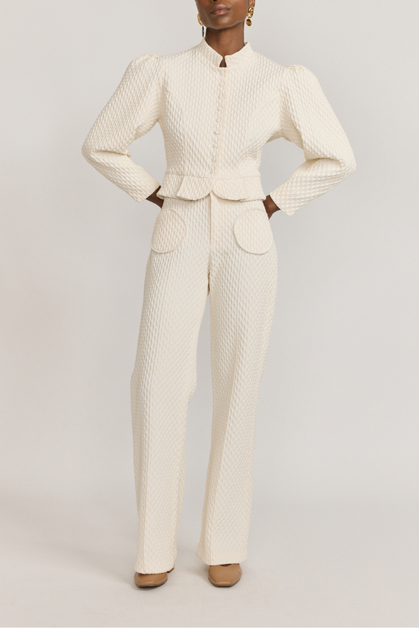D'estrëe Paris Ivory Flutter Flared Pants With Circular Pockets