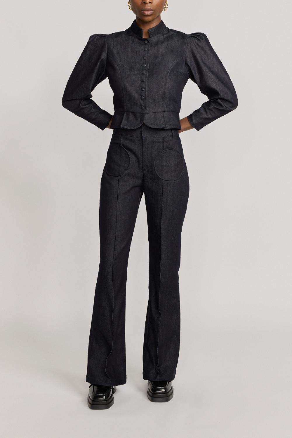 D'estrëe Paris NAVY BLUE Denim Flared Pants With Circular Pocket Details