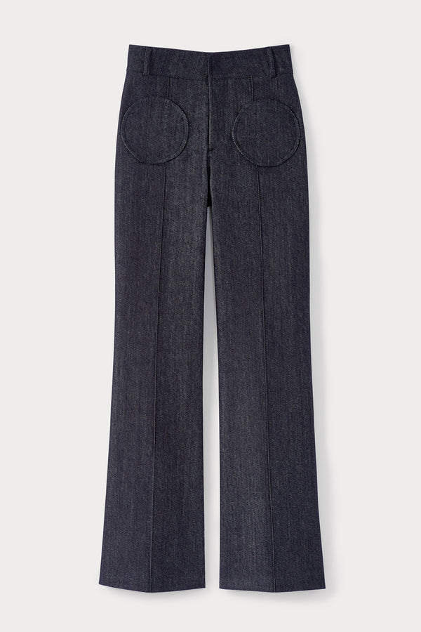 d'estrëe paris NAVY BLUE Denim Flared Pants with Circular Pocket Details