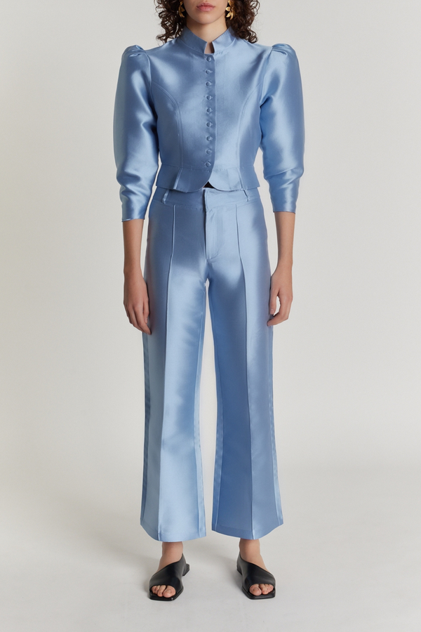 D'estrëe Paris NIAGARA BLUE Satin Puff Sleeve Jacket