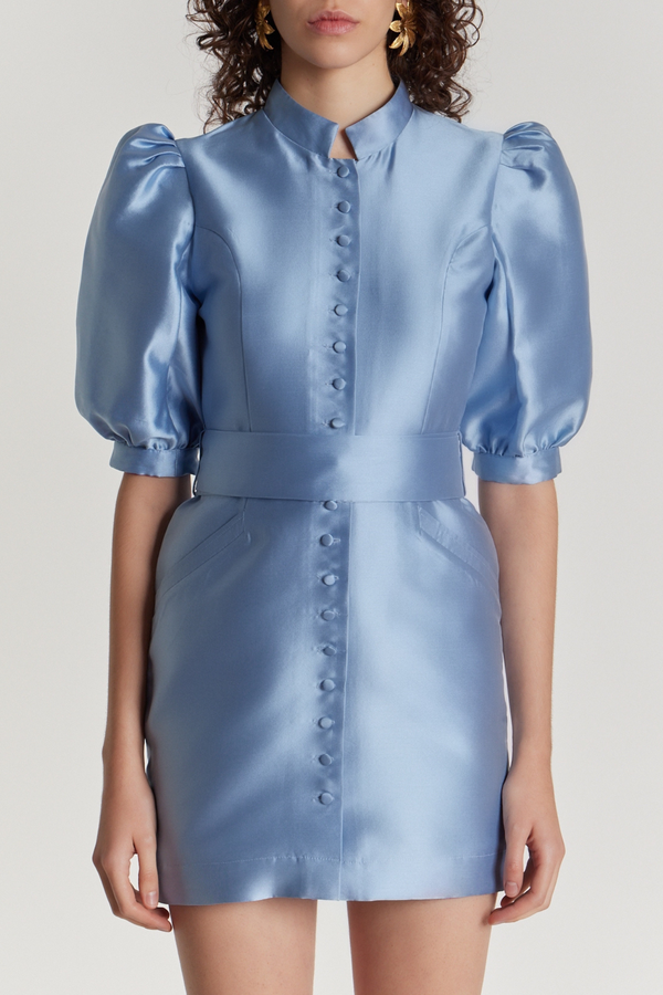 D'estrëe Paris NIAGARA BLUE Satin Puff Sleeve Mini Dress
