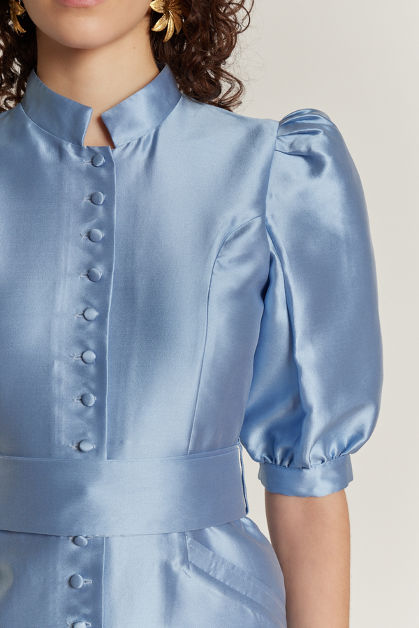 D'estrëe Paris NIAGARA BLUE Satin Puff Sleeve Mini Dress