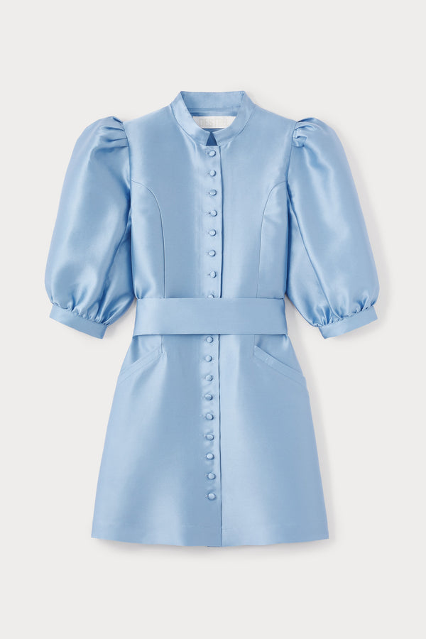 d'estrëe paris NIAGARA BLUE Satin Puff Sleeve Mini Dress