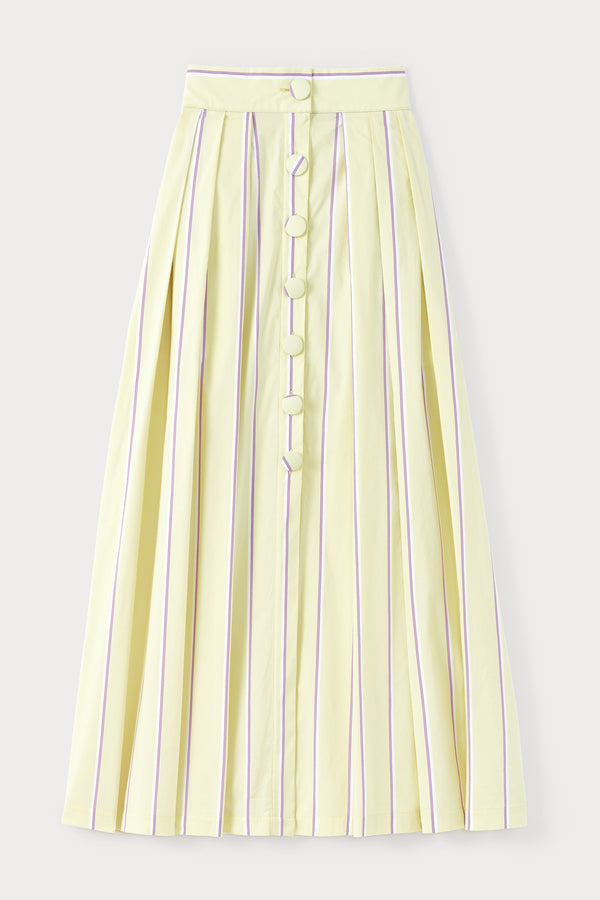 d'estrëe paris PALE YELLOW & LILAC Striped Maxi Skirt with Button Detail