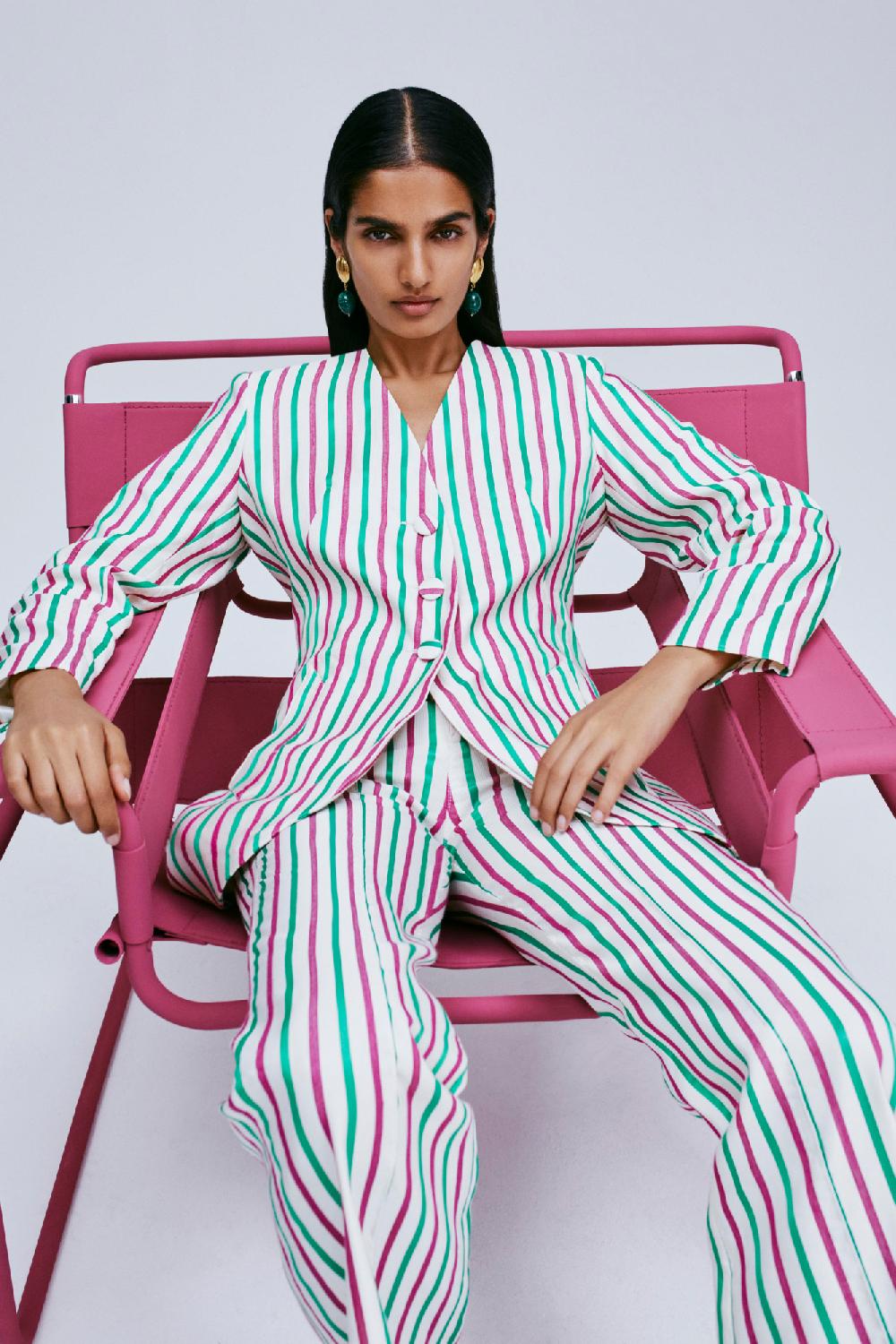 D'estrëe Paris RUBY & GREEN Striped Fitted Long Blazer
