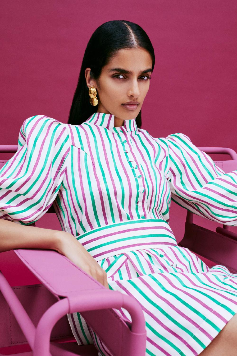 D'estrëe Paris RUBY & GREEN Striped Puff Sleeve Dress