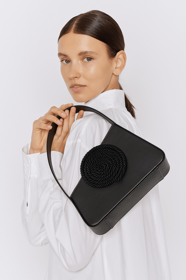 D'estrëe Paris Small Asymmetric Black Leather Bag With Passementerie Detail