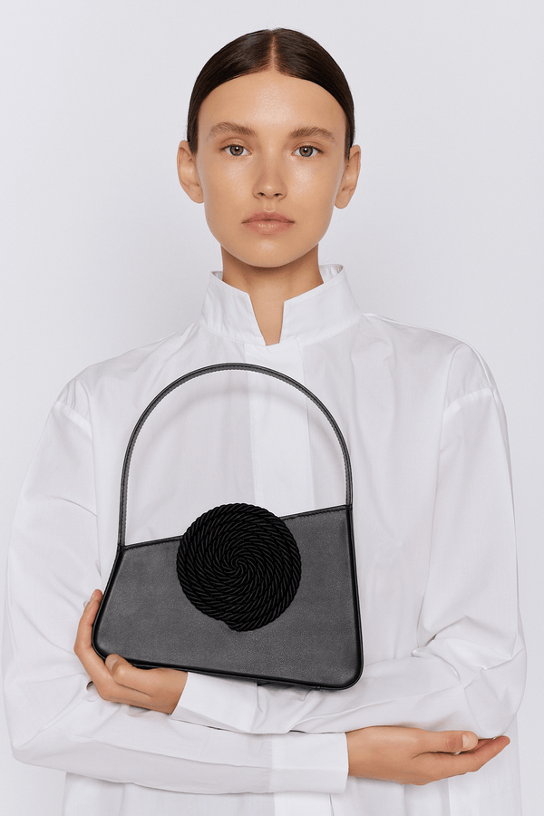 D'estrëe Paris Small Asymmetric Black Leather Bag With Passementerie Detail