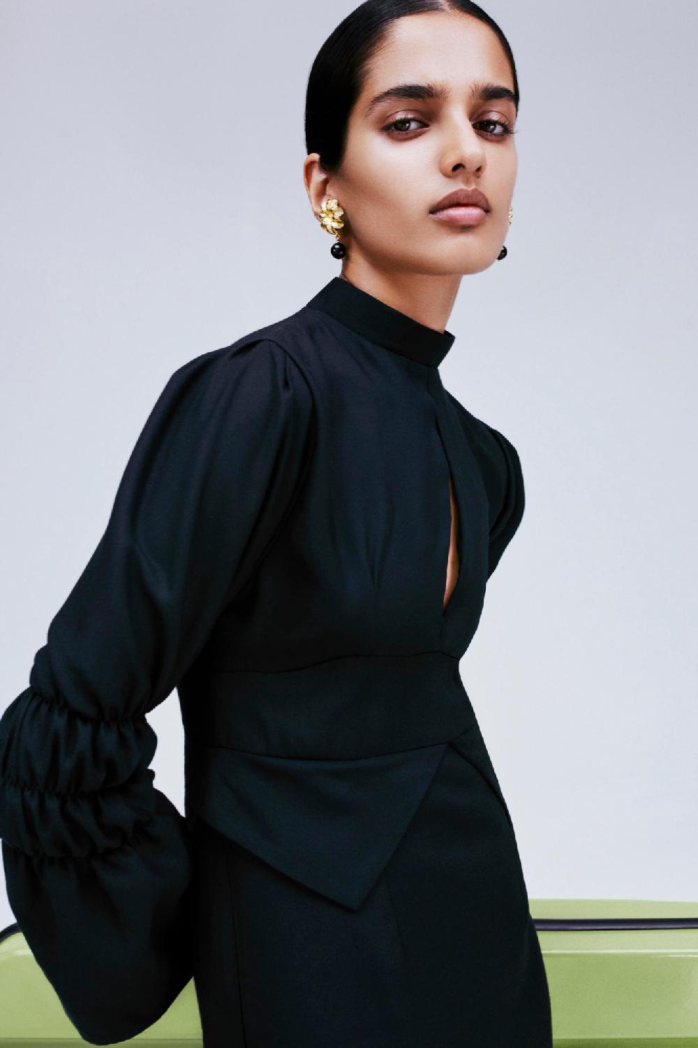 D'estrëe Paris Soft Black Maxi Dress With Gathered Sleeves