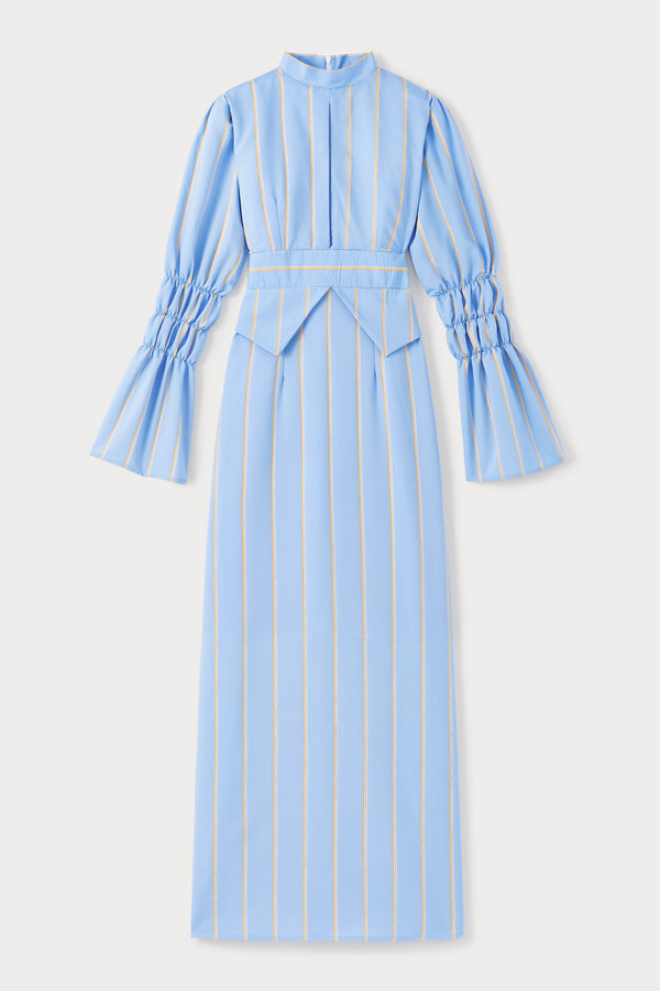 d'estrëe paris Striped Yellow & Blue Maxi Dress with Gathered Sleeves