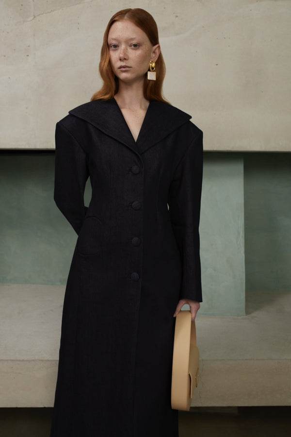 D'estrëe Paris Tailor Black Long Coat With Shawl Collar And Button Details