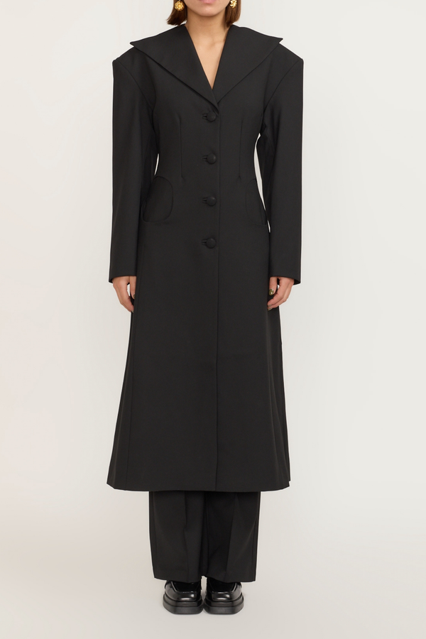 D'estrëe Paris Tailor Black Long Coat With Shawl Collar And Button Details