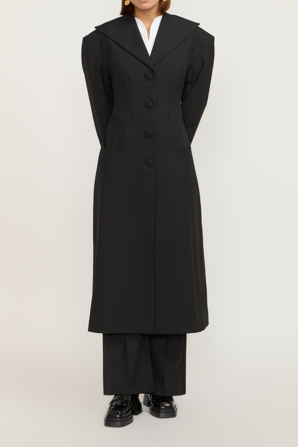 D'estrëe Paris Tailor Black Long Coat With Shawl Collar And Button Details