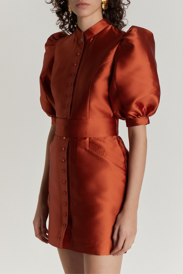 D'estrëe Paris Terracotta Satin Puff Sleeve Mini Dress