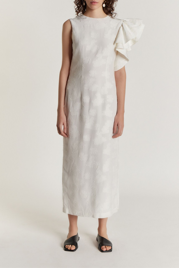 D'estrëe Paris White Floral Dress With Asymmetric Ruffle Detail