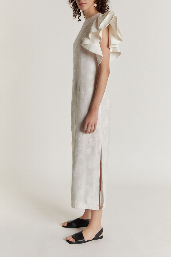 D'estrëe Paris White Floral Dress With Asymmetric Ruffle Detail