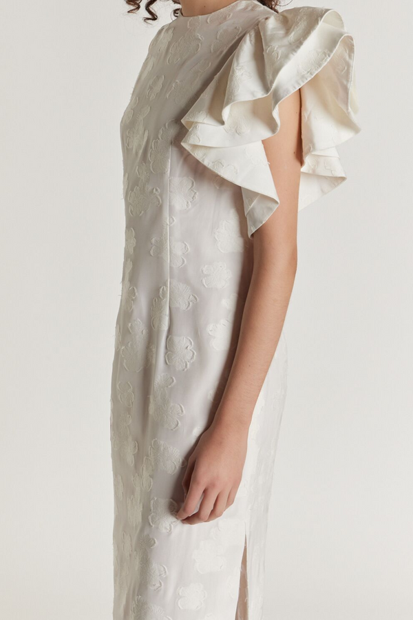 D'estrëe Paris White Floral Dress With Asymmetric Ruffle Detail