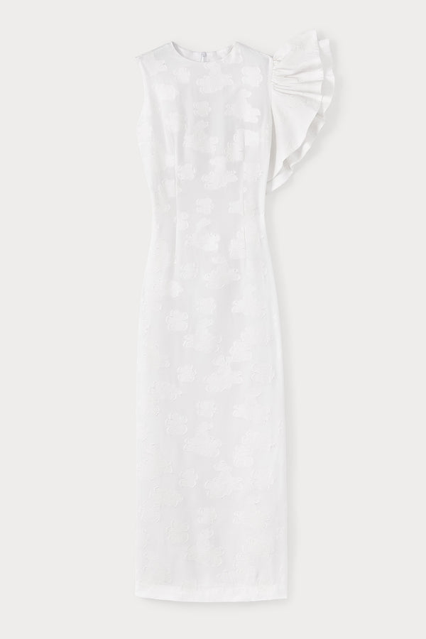 d'estrëe paris White Floral Dress with Asymmetric Ruffle Detail