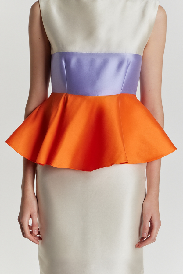 D'estrëe Paris WHITE ORANGE & LILAC Colorblock Peplum Midi Dress
