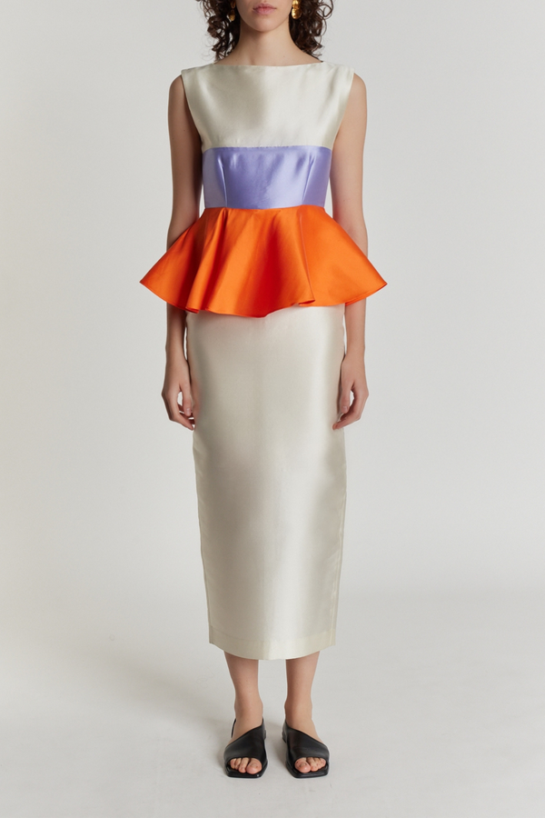 D'estrëe Paris WHITE ORANGE & LILAC Colorblock Peplum Midi Dress