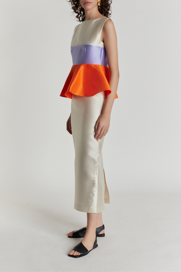 D'estrëe Paris WHITE ORANGE & LILAC Colorblock Peplum Midi Dress