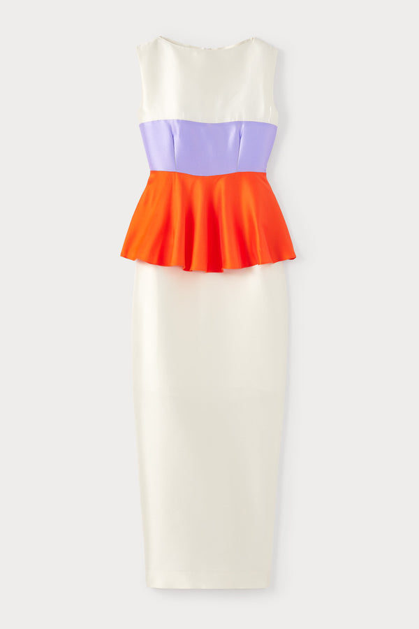 d'estrëe paris WHITE ORANGE & LILAC Colorblock Peplum Midi Dress