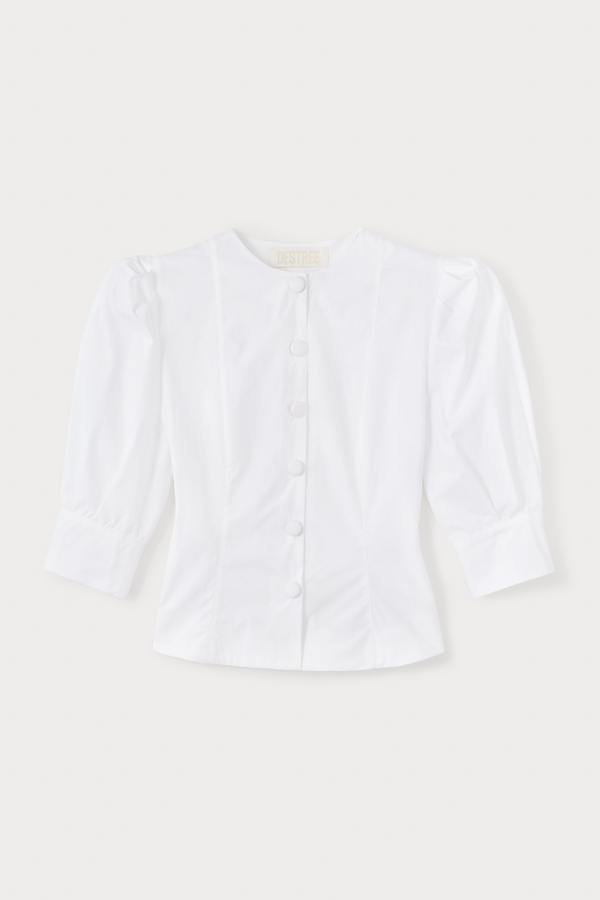 d'estrëe paris White Popelin Blouse with Puff Sleeves