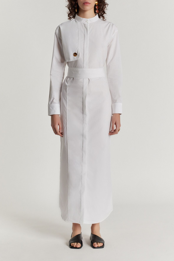 D'estrëe Paris WHITE Popelin Maxi Dress With Sleeve & Button Detail