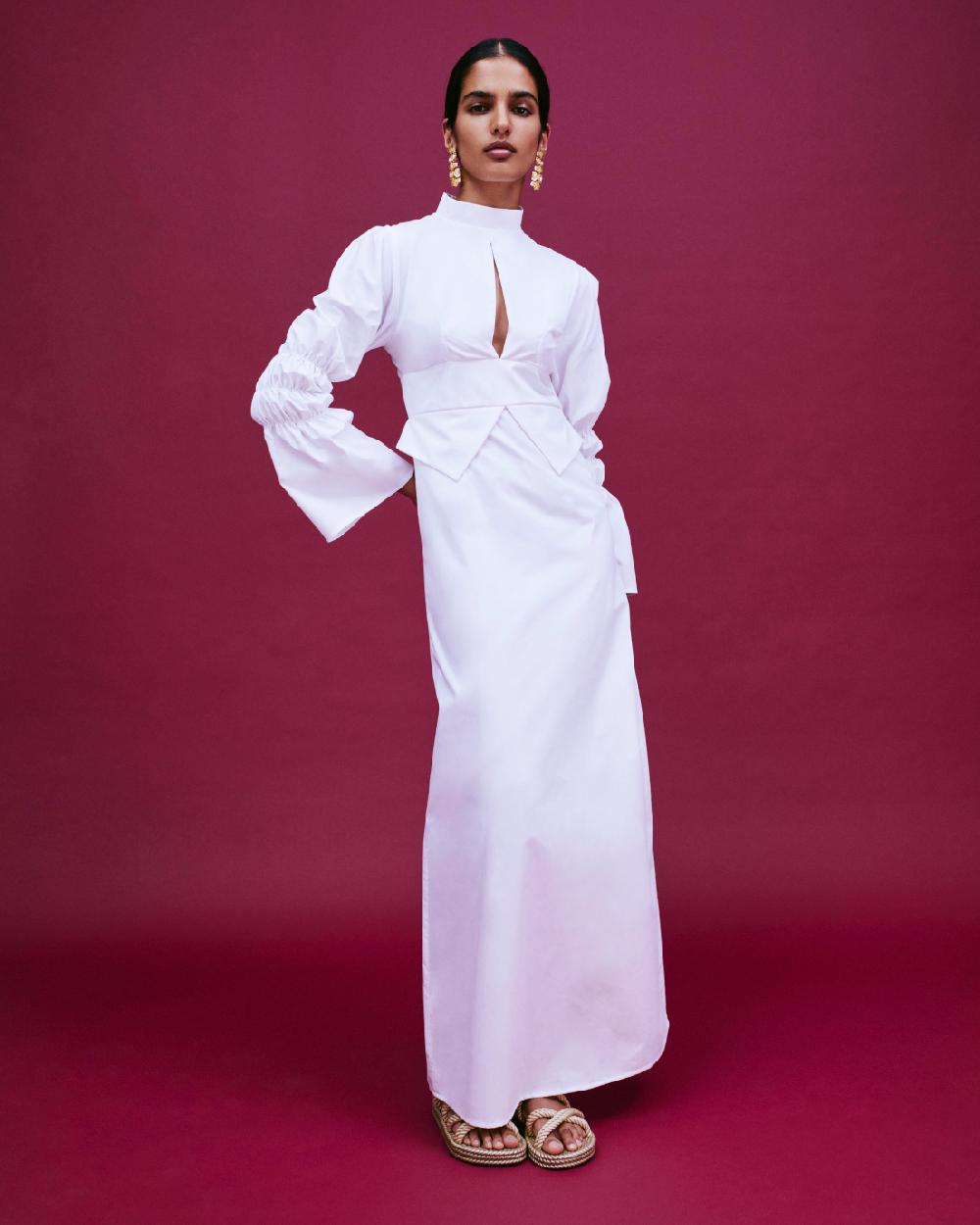 D'estrëe Paris White Poplin Maxi Dress With Gathered Sleeves