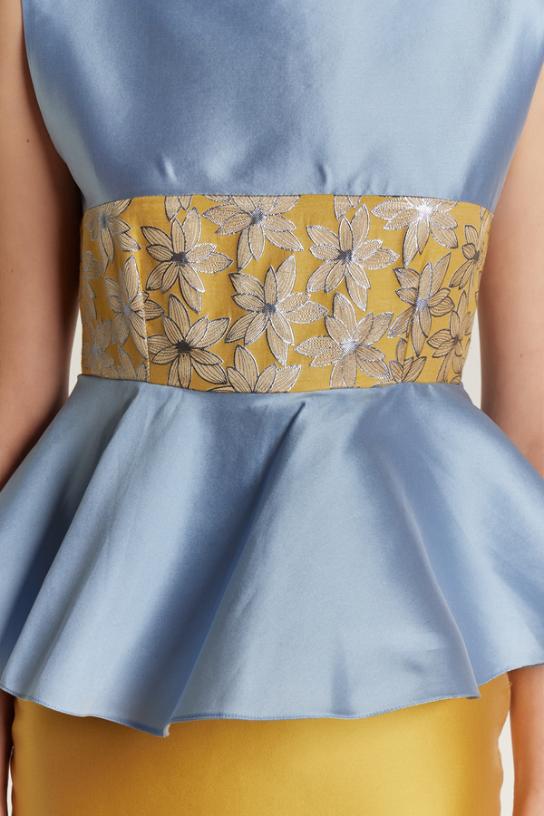 D'estrëe Paris YELLOW & BLUE Lilium Embroidered Peplum Midi Dress