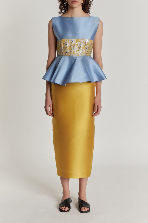 D'estrëe Paris YELLOW & BLUE Lilium Embroidered Peplum Midi Dress
