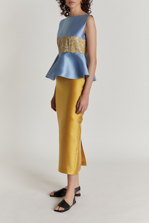 D'estrëe Paris YELLOW & BLUE Lilium Embroidered Peplum Midi Dress