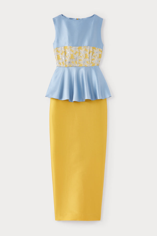 d'estrëe paris YELLOW & BLUE Lilium Embroidered Peplum Midi Dress