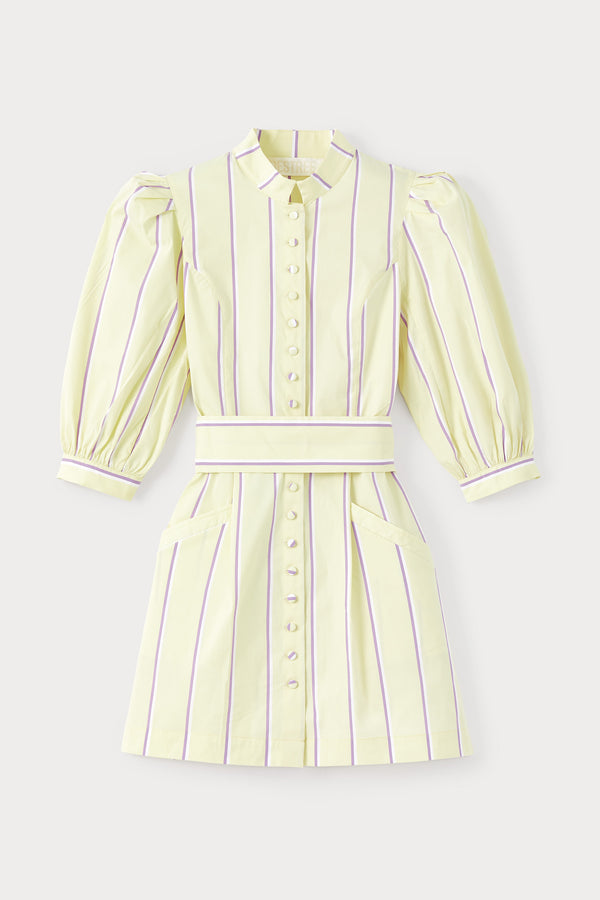 d'estrëe paris YELLOW Striped Poplin Puff Sleeve Mini Dress