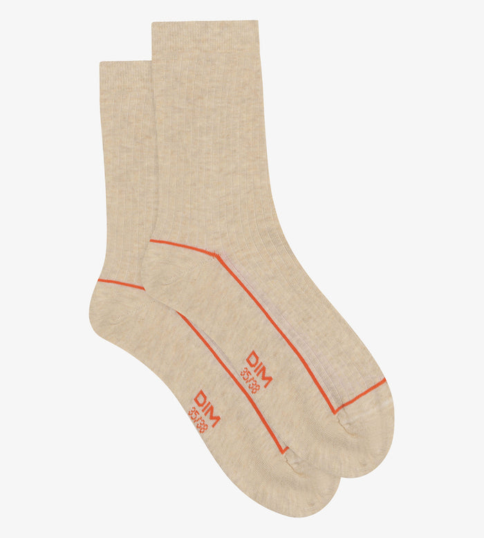 Dim Chaussettes Femme En Coton Côtelé Acier Avec Liseré Coloré Dim Mode