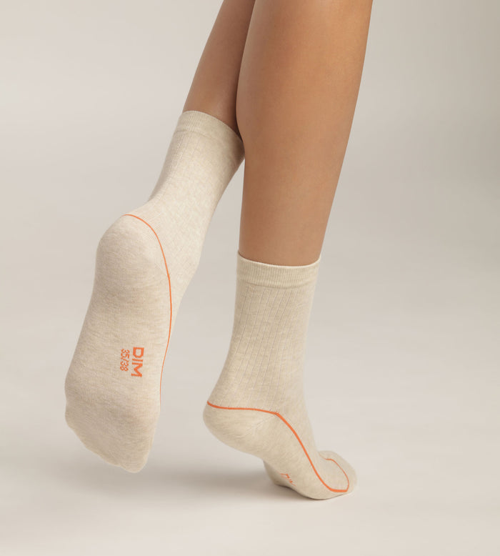 dim Chaussettes femme en coton côtelé Acier avec liseré coloré Dim Mode