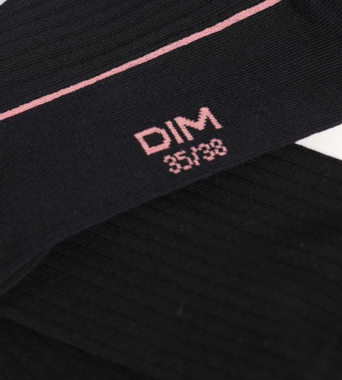 Dim Chaussettes Femme En Coton Côtelé Noir Avec Liseré Coloré Dim Mode
