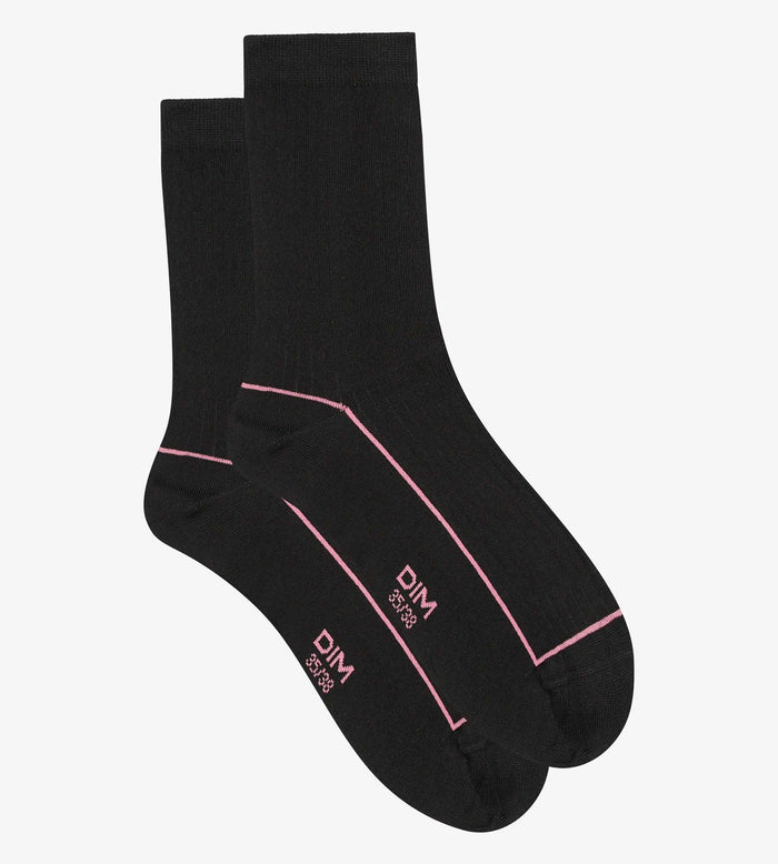 Dim Chaussettes Femme En Coton Côtelé Noir Avec Liseré Coloré Dim Mode