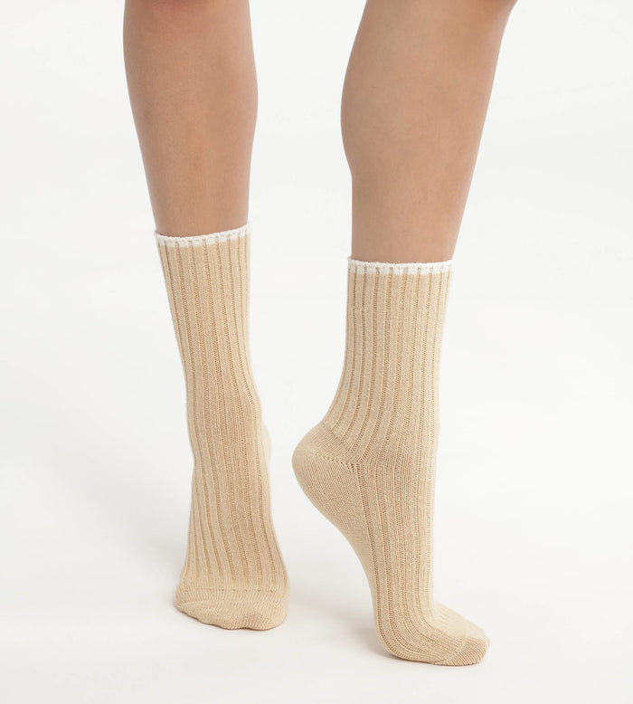 dim Chaussettes femme en maille côtelée unie Beige Vanille Dim Bambou