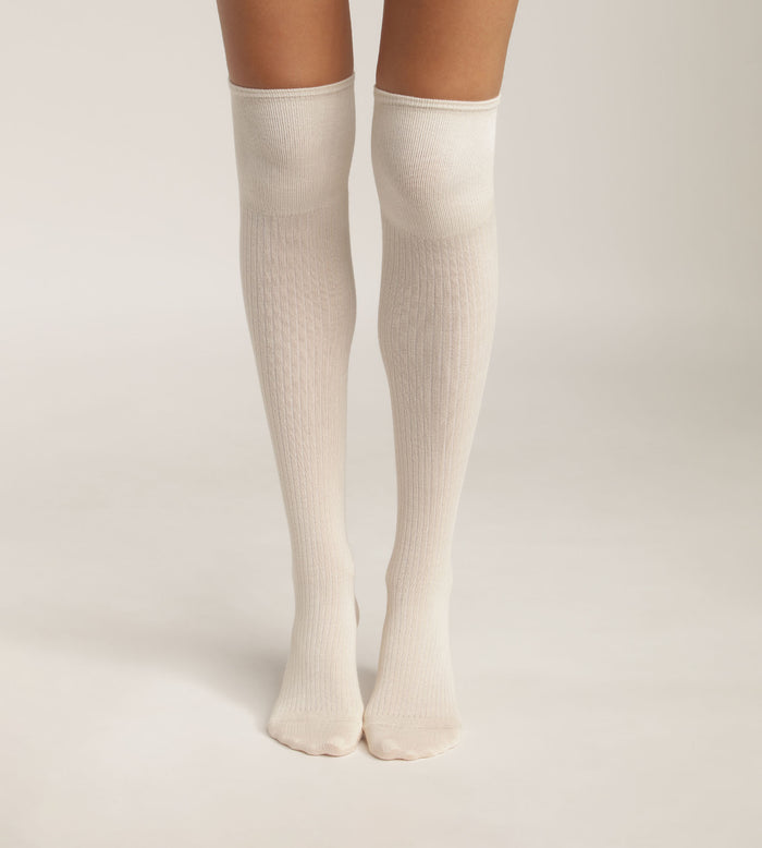 dim Chaussettes maxi hautes pour femme en coton côtelé Crème Dim