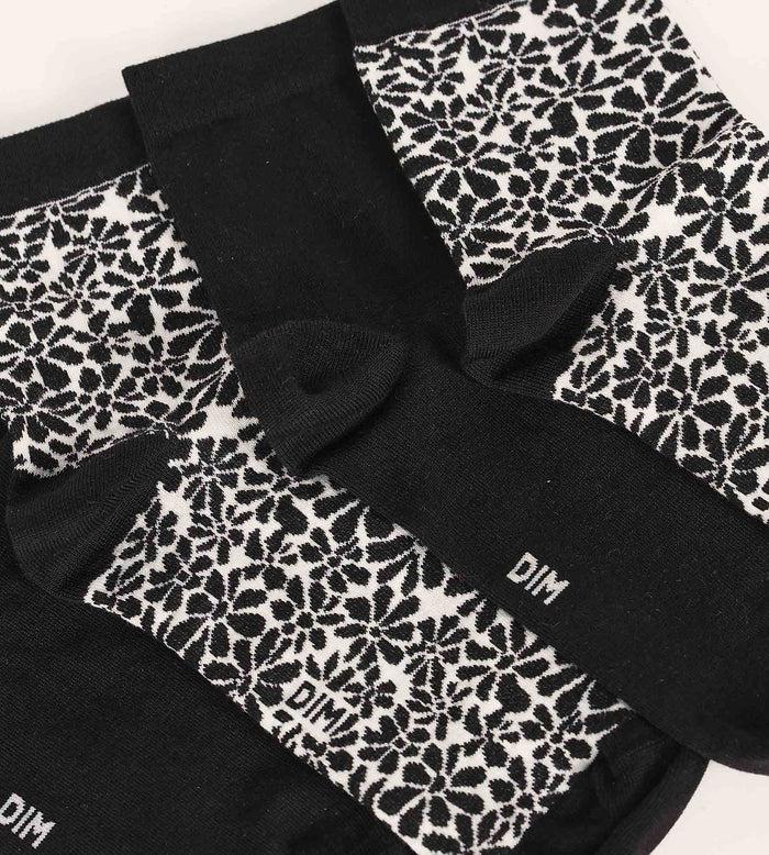 Dim Lot De 2 Paires De Chaussettes En Coton Bio Motif Fleur Noir Dim Good