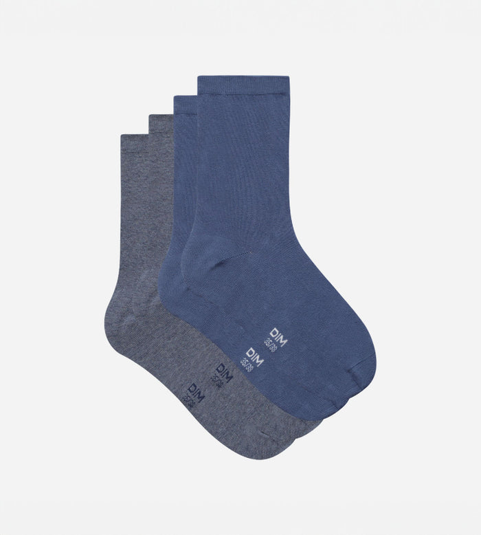 Dim Lot De 2 Paires De Chaussettes Femme Bleu Cachemire Gris Basic Coton