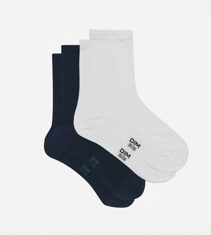 dim Lot de 2 paires de chaussettes femme Bleu Cachemire Gris Basic Coton