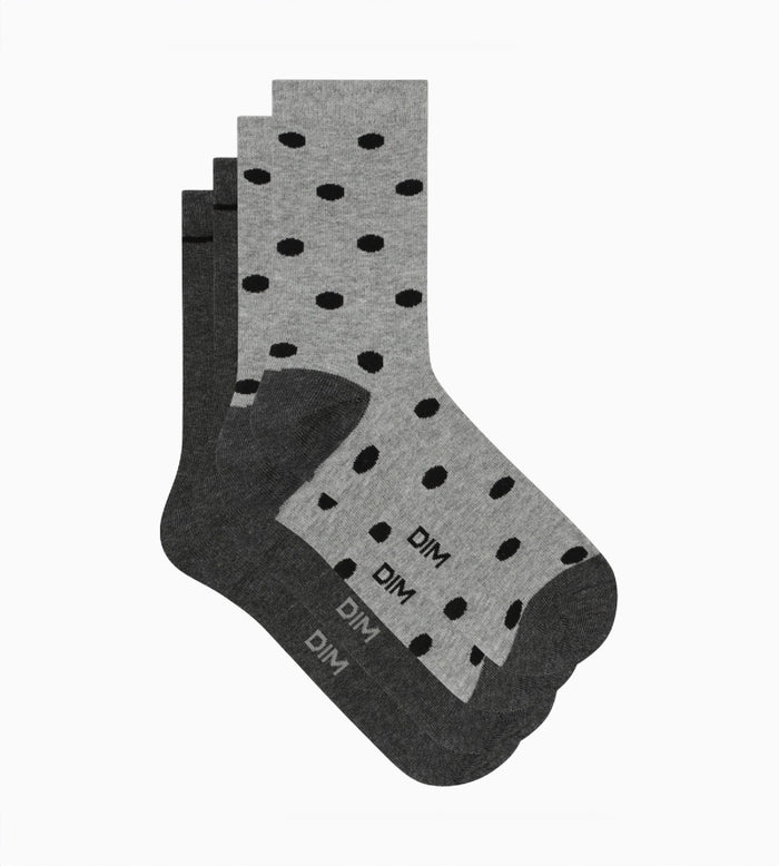 Dim Lot De 2 Paires De Chaussettes Femme Gris à Gros Pois Dim Coton Style