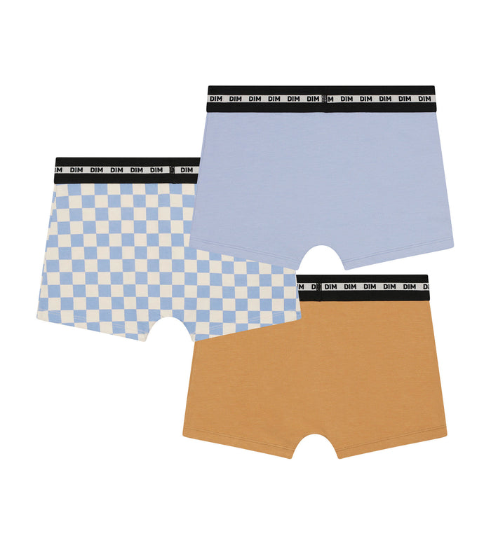 Dim Lot De 3 Boxers Garçon à Motif Damier Lila Bleu Coton Stretch Fashion