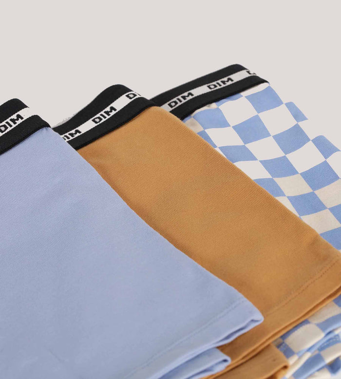 Dim Lot De 3 Boxers Garçon à Motif Damier Lila Bleu Coton Stretch Fashion
