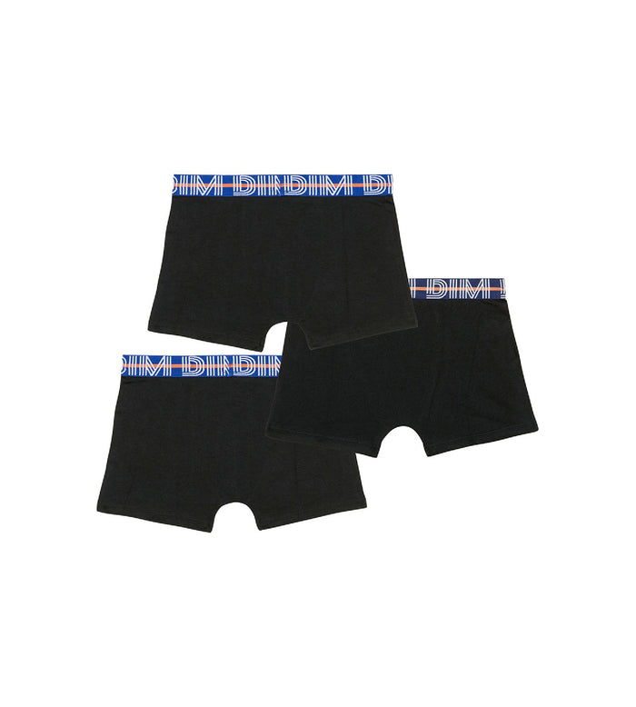 Dim Lot De 3 Boxers Garçon Coton Stretch Ceinture Contrastée Noir EcoDim