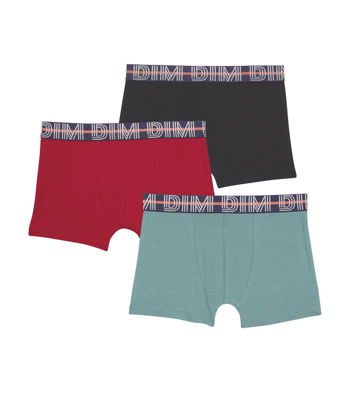 dim Lot de 3 boxers garçon en coton stretch Rouge Bleu Vert EcoDim Classic