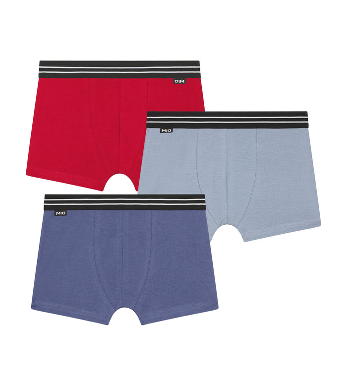 dim Lot de 3 boxers garçon en coton stretch Rouge Carmin Bleu Ecodim