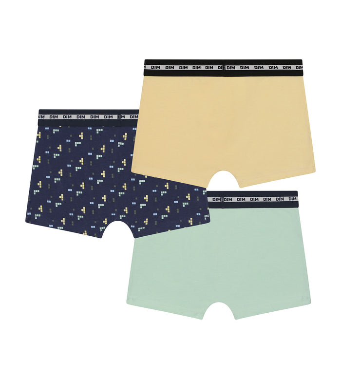 Dim Lot De 3 Boxers Garçon Motif Pixel Bleu Jaune Coton Stretch Fashion